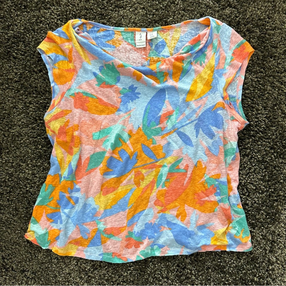 Joie 100% Linen Tropical Print Drape Neck Top Size XL